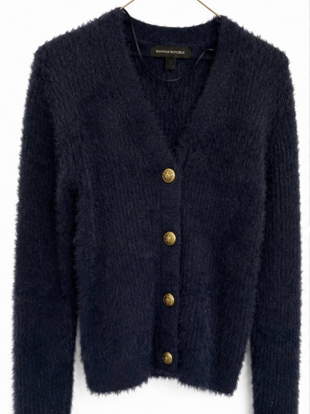 Banana Republic Navy Fuzzy V-Neck Cardigan with Gold Buttons